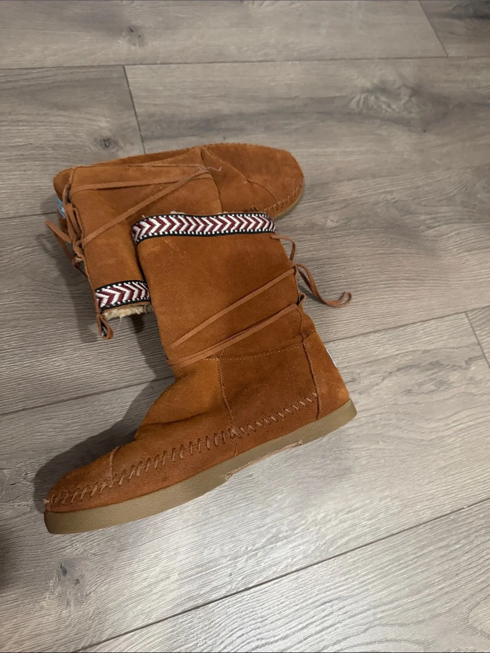 Toms Suede Moccasin Boot in Chestnut Brown with Patterned Trim
